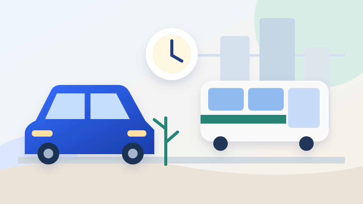 A car, train and clock illustrating the travel costs and time behind a salary raise
