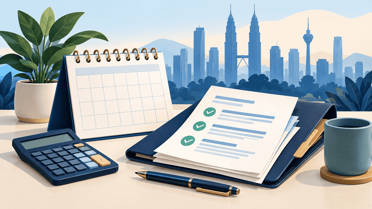 A calendar, calculator and tax planning checklist with the Kuala Lumpur skyline behind them