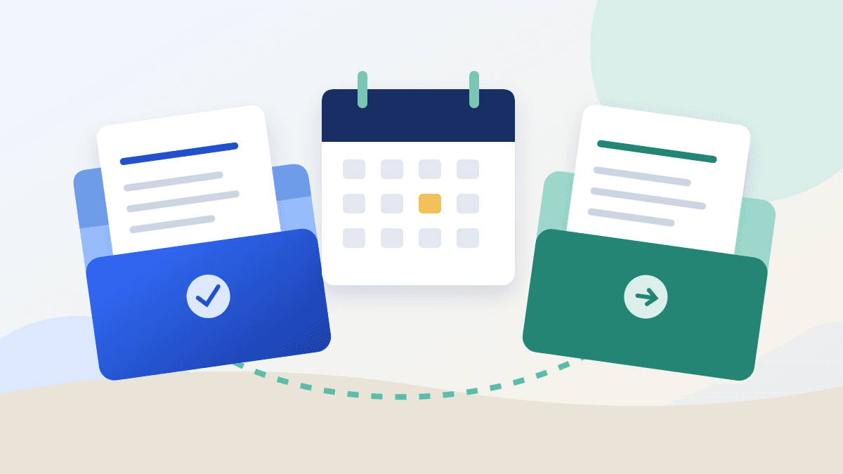 Two employment document folders connected by a calendar, illustrating a midyear job change