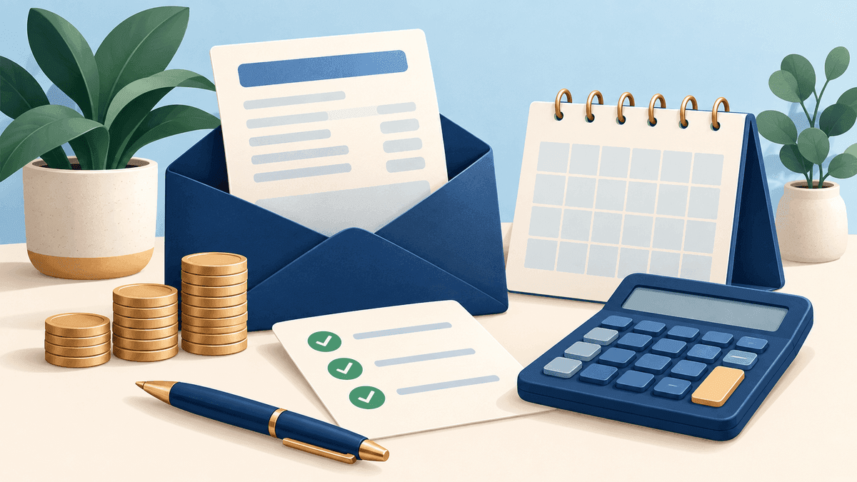 A pay envelope, coin stacks, calendar and calculator arranged for year-end bonus planning